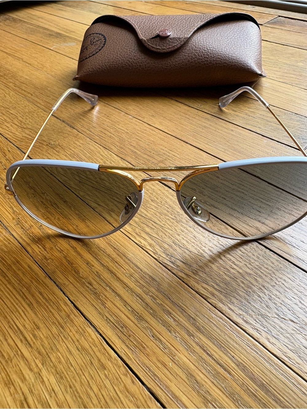 Ray-Ban Women’s Gold Frame Aviator Sunglasses with Brown Lenses and Grey Trim - Picture 4 of 4
